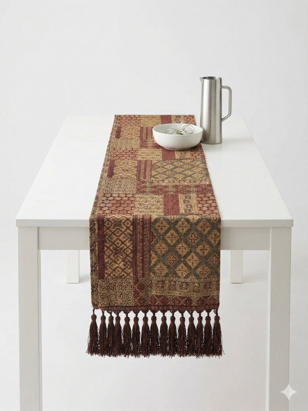 Unbranded Table Runner Rust Green Tassels Tapestry Patchwork Tuscan 14" x 84"